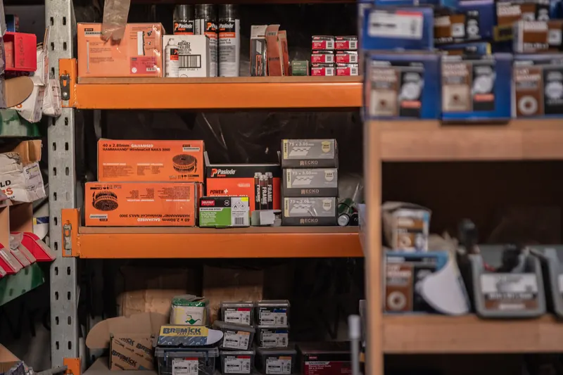 Shelves of boxed fixings and fastenings inside BuildLink Timaru